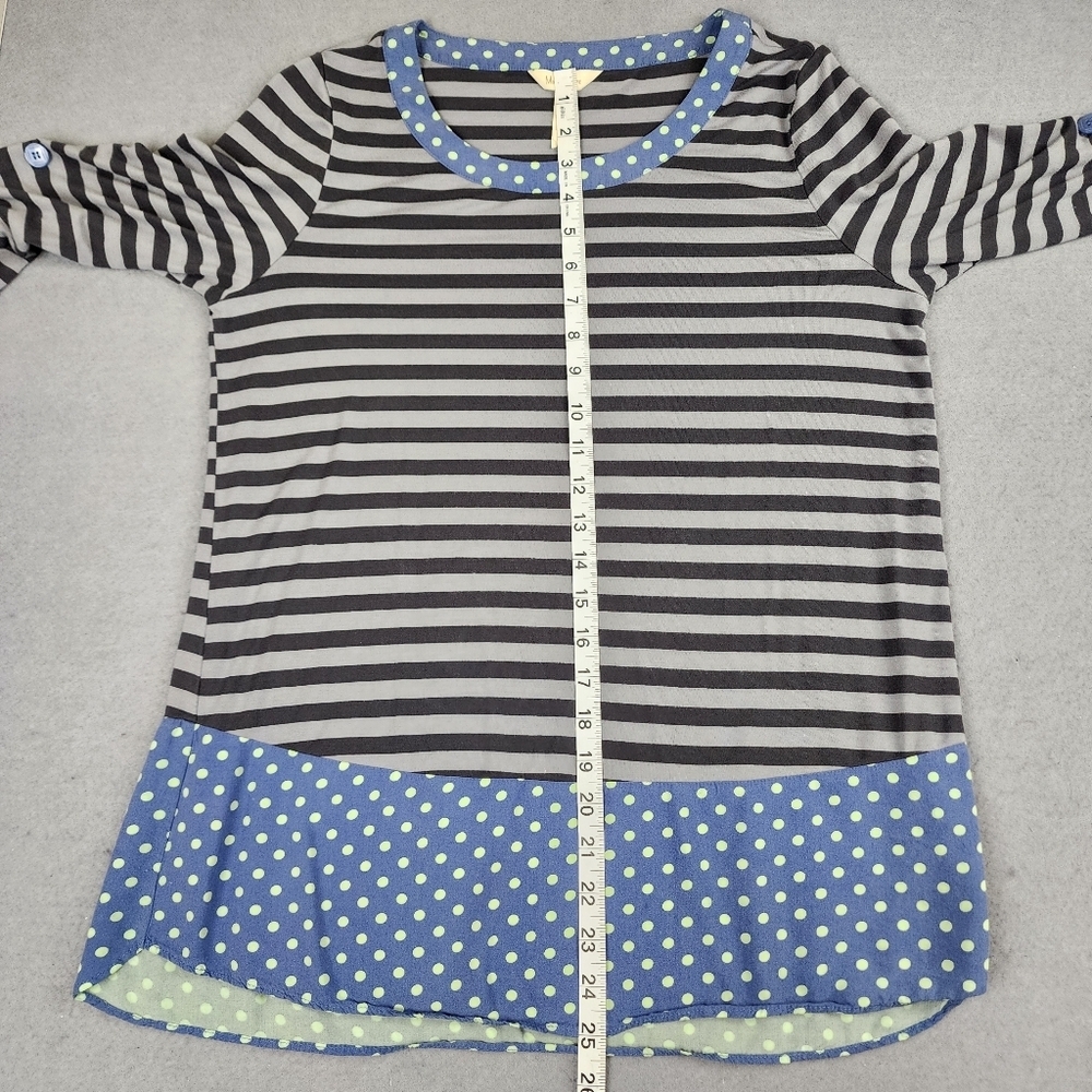 Matilda Jane Striped Polka Dot Tunic Top Small Blue Gray Roll Tab Sleeve Boho - Picture 8 of 9